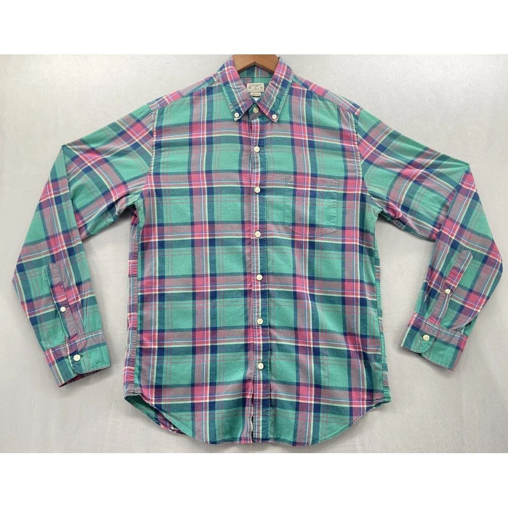 J. Crew Mens Button Down Shirt MEDIUM Long Sleeve Green-Blue-Off Red Checkered